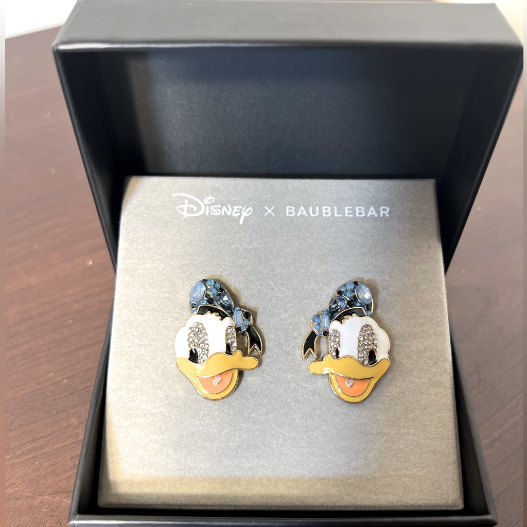 Disney X Baublebar Gold Tone Donald Duck Blue Crystal Enamal Stud Earrings Nib 30$